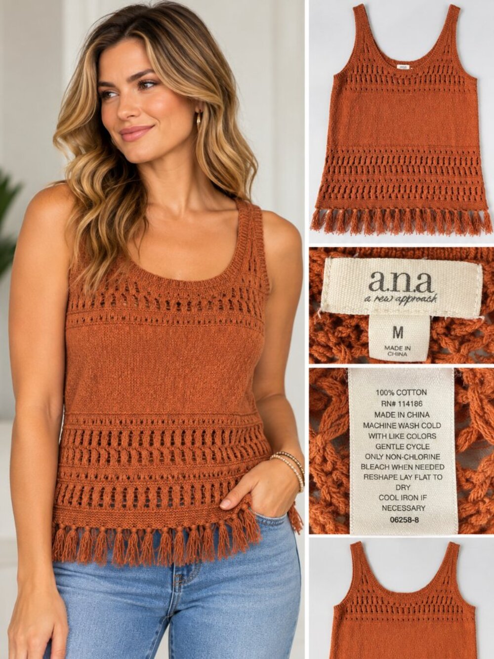 a.n.a Rust Orange Crochet Fringe Tank Top 100% Cotton Medium
